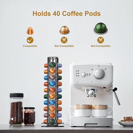 Coffee Pod Holder Storage Organizer Compatible with Nespresso OriginalLine, Rotatable Countertop Coffee Station Organizer -Black/40 Pods