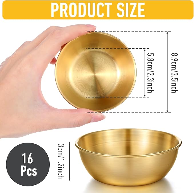 16 Pcs 3.5 inch Stainless Steel Sauce Dishes Mini Individual Saucers Bowl Round Seasoning Dishes Sushi Dipping Bowl Appetizer Plates (Gold)