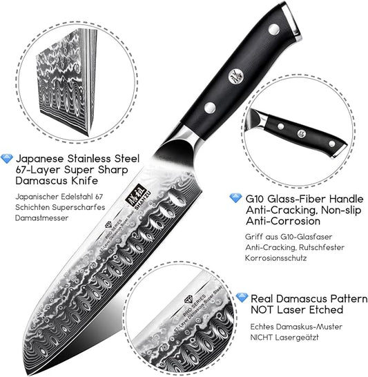 SHAN ZU Chef Knife, Kitchen Knife Santoku Chef's Knife 7 Inch Multifunction Kitchen Knives Damascus Stainless Steel & Ergonomic Fiberglass G10 Handle Best Sharp High-Carbon Knives