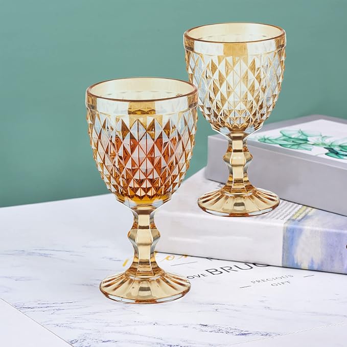 Vintage Wine Glasses Set of 6, 10 Ounce Colored Glass Water Goblets, Unique Embossed Pattern High Clear Stemmed Glassware Wedding Party Bar Glass Drinking Cups Diamond Amber