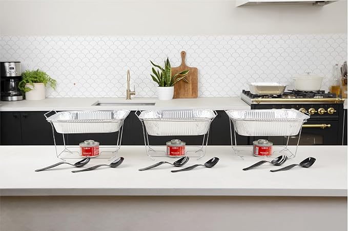 6 Pack - Disposable Chafing Dish Buffet Set, Welded Body Food Warmers for Parties, Fuel Cans Complete Set, Half Size Pans, Warming Trays