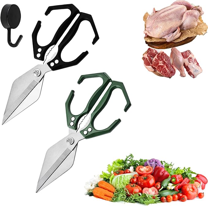 Seattleget Multifunctional Heavy-Duty Kitchen Shears, High-Carbon Steel 9.25" Multipurpose Kitchen Scissors for Chicken, Meat & Veggies, Ergonomic Non-Slip Handle, Built-in Nut Cracker (Black+Green)
