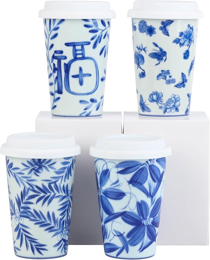 14 oz ceramics Handmade blue and white Retro Coke cups coffee tea set of 4 china Coffee Mugs for Tea, Milk,Dishwasher and Microwave Safe,Free gift soft silicone cover and gift box