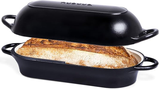Enamelled Cast Iron Bread Loaf Pot – Dutch Oven For Sourdough Bread Baking – Oven Safe Non Stick Bread Pot – Rectangular, Black, 34cm x 16cm – by Nuovva