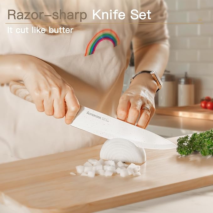 Astercook Knife Set, 13 Pieces Kitchen Knives Set with Ceramic Coating, Stainless Steel Chef Knife Sets with 6 Blade Guards, Dishwasher Safe Sashimi Knives For Fish with Wooden Handle, White
