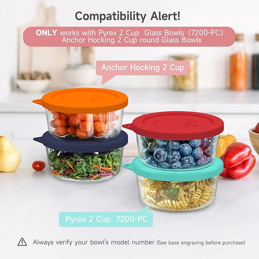 Sophico 2 Cup Round Silicone Storage Cover Lids Replacement for Anchor Hocking and Pyrex 7200-PC Glass Bowls (Container not Included) | Red, 2 Pack |