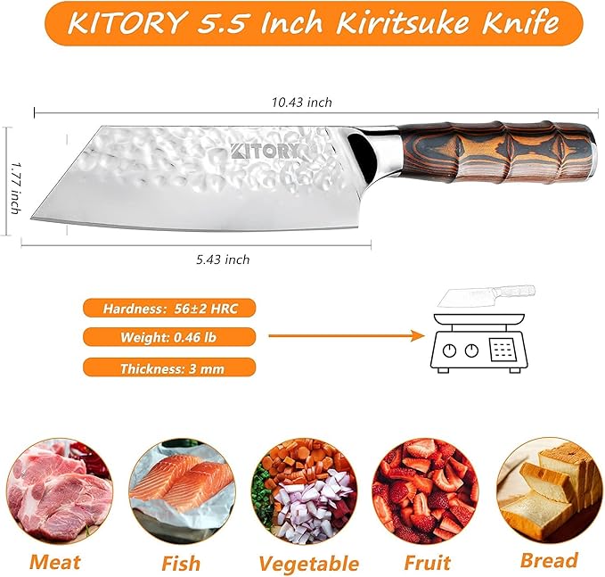 Kitory Kiritsuke Chef Knife 5.5", Small Japanese Kitchen Knives, HC German Stainless Steel, Hammered Finish Blade, Pakkawood Handle Cooking Cutlery 2025 Gifts for Home&Restaurant