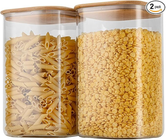 156oz Airtight Glass Square Storage Canister with Bamboo Lid Set of 2(4600ml*2) Large Gallon Glass Jars for Sugar, Flour, Cookies and Coffee beans (with Black Lable)