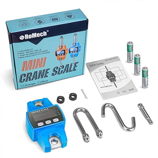 RoMech 660lb Digital Hanging Scale with Cast Aluminum Case, Handheld 300Kg Mini Crane Scale with Hooks for Farm Hunting Fishing Outdoor (Blue)