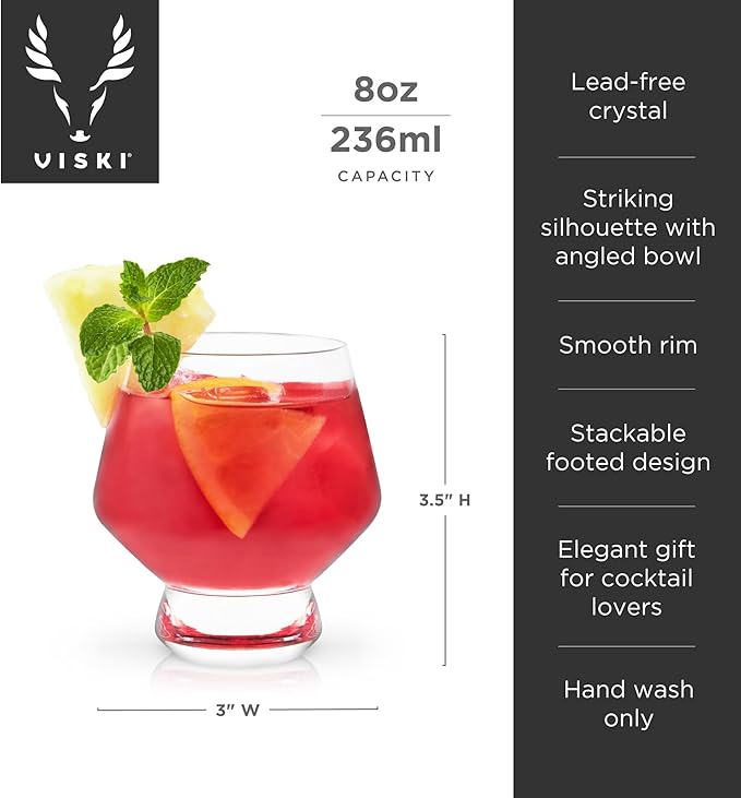 Viski Raye Footed Crystal Punch Cups Set of 2 - Premium Crystal Clear Glass, Stemless Heavy Base Punch Cocktail Glass Gift Set, 8 oz