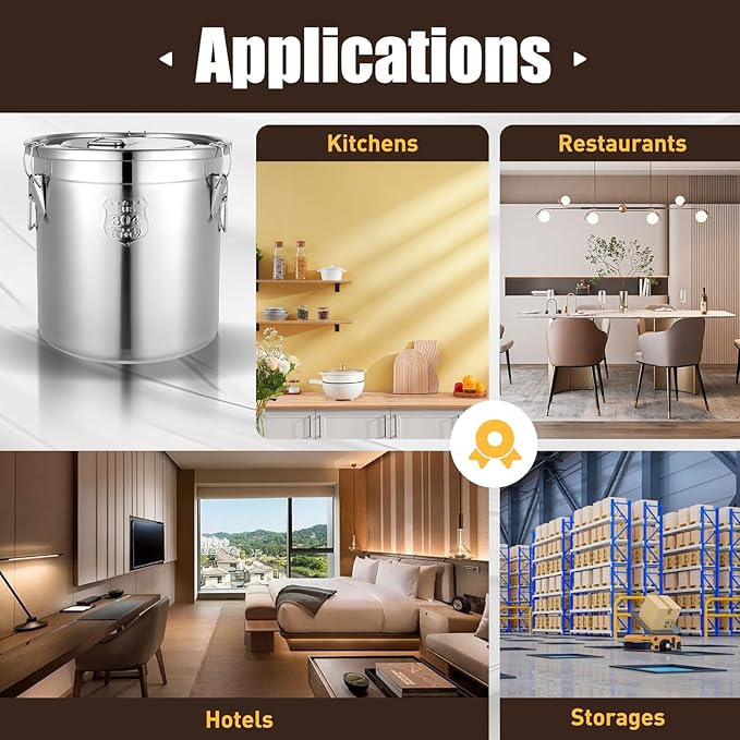304 Stainless Steel Airtight Canister for Kitchen, 8.7Gal Canisters Container with Lids and Sturdy Locking Clamp,Bucket Food Storage Containers Airtight for Flour Coffee Bean Tea (33L)