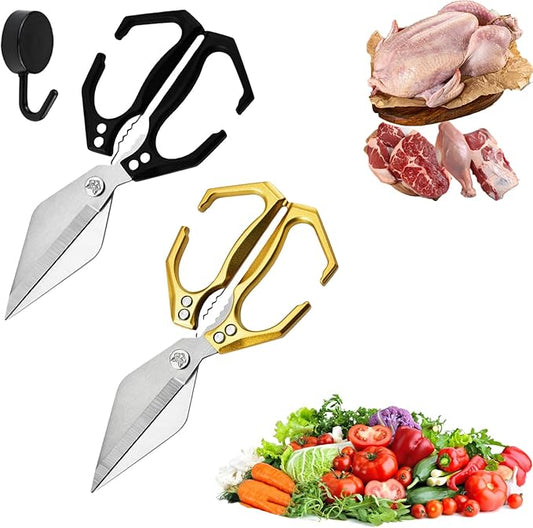 Seattleget Multifunctional Heavy-Duty Kitchen Shears, High-Carbon Steel 9.25" Multipurpose Kitchen Scissors for Chicken, Meat & Veggies, Ergonomic Non-Slip Handle, Built-in Nut Cracker (Black+Yellow)