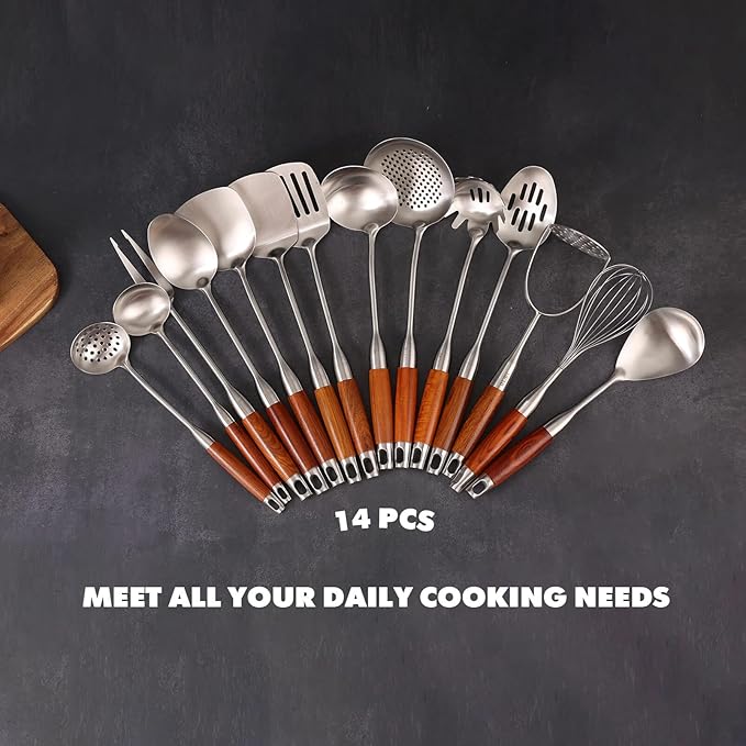 18/10 Stainless Steel Kitchen Utensils Set with Wooden Handle - 14 PCS Metal Cooking Tools & Serving Utensil, Large and Small Spoons Set - Whisk, Masher, Fork, Spatula, Turner, Ladle, Skimmer, Pasta