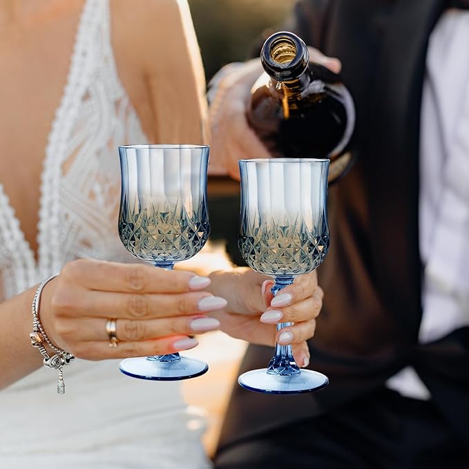 12 Pcs 7 Oz Plastic Goblets for Parties, Blue Plastic Wine Glasses Vintage Champagne Whiskey Crystal Water Goblets for Home, Office, Bars, Wedding, Ribbed (12, Ocean Blue)