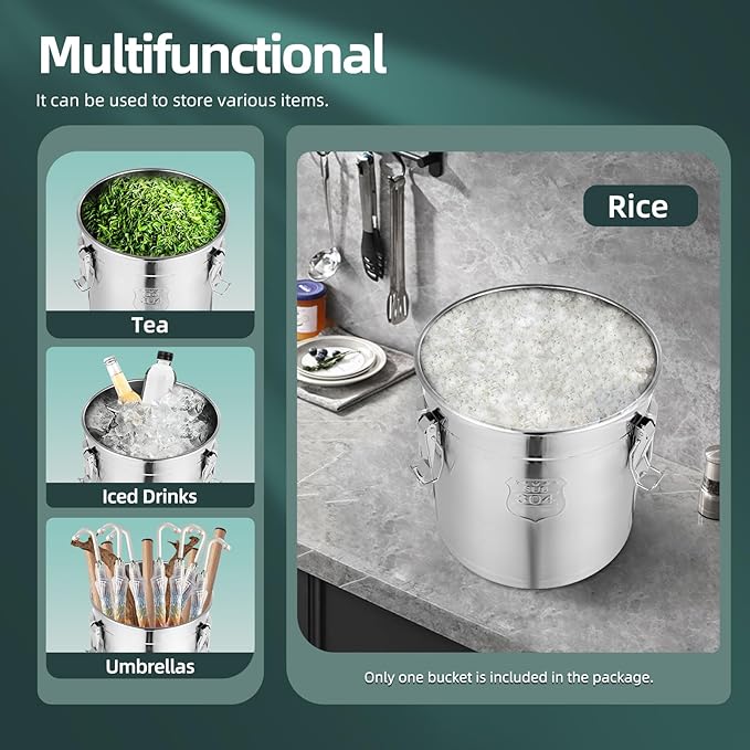 Stainless Steel Airtight Canister for Kitchen, 21L/5.54Gal Metal Food Storage Container Flour Bucket with Lid & Clamps, Bean Rice Cereal Canister Holder for Kitchen Restaurant, D13*H11.8in
