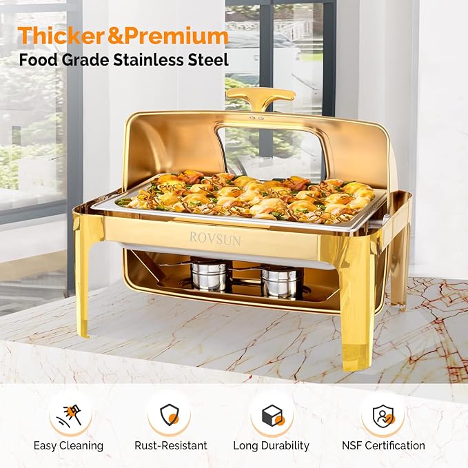 ROVSUN 9QT 2 Packs Roll Top Chafing Dish Buffet Set,Rectangular NSF Stainless Steel Buffet Warmer Chafers and Buffet Warmers Sets with Thick Frame for Catering Events Parties Weddings Dinners,Gold