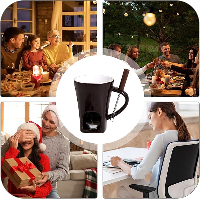 Personal Chocolate Fondue Set Of 3, Chocolate Melting Cup Tea Light With Fork, Ceramic Sweet Melted Fondue Mug For Butter Cheese Dessert Candy Chocolates, Meltie Cup For Cooks Kids Adults