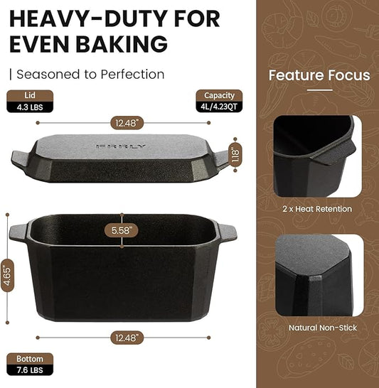 Cast Iron Bread Pan with Lid,Dutch Oven for Sourdough Bread Baking-10 x 5 Inch Durable Cast Iron Loaf Pans Rectangular Baking Pan,Extra Large Deep Dish Baking Pans for Cake