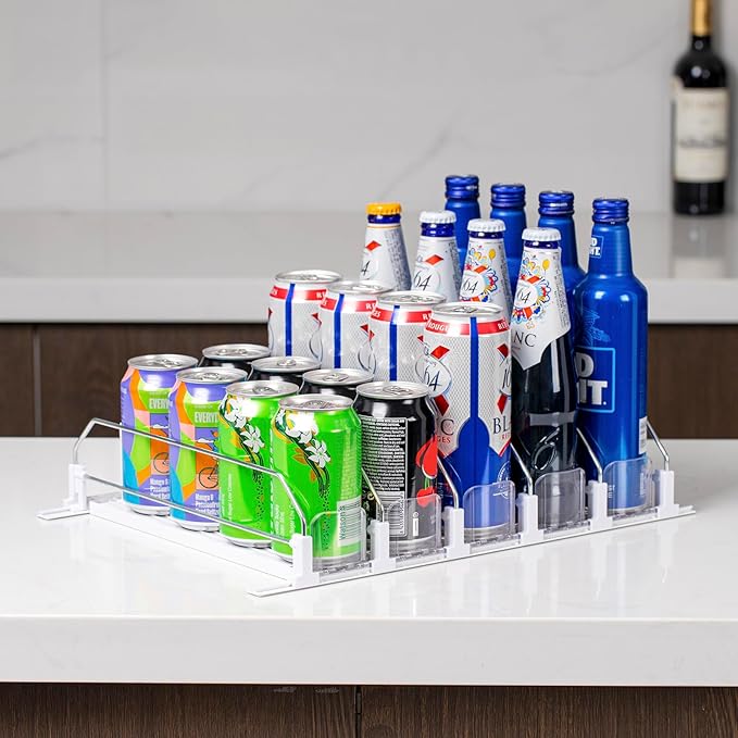 RULA Drink Organizer for Fridge, Self-Pushing Soda Can Dispenser for Mini Refrigerator, Width Adjustable Water Bottle Pusher Glide, White, 5 Rows,12.2” D