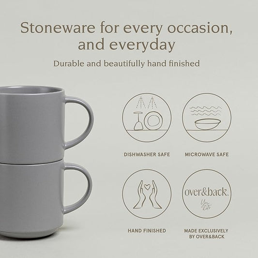 over&back Stackable Stoneware Coffee Mugs - 4-Piece Mug Set - Enjoy the Perfect Cup of Coffee, Tea, Latte, and More - Semi-Matte Charcoal - 14oz