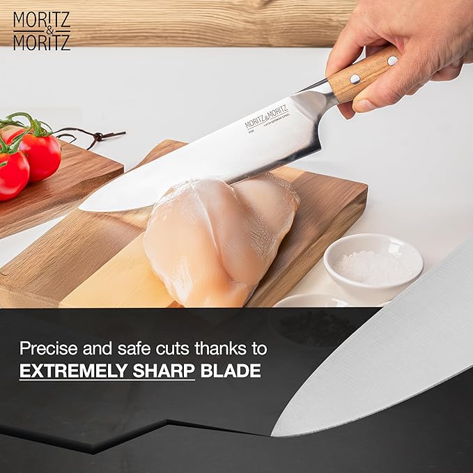 Moritz & Moritz 8-Inch Chefβs Knife, German Stainless Steel Kitchen Knife with Acacia Wood Handle, Professional All-Purpose knives for Slicing, Chopping & Dicing, Razor Sharp & Ergonomic