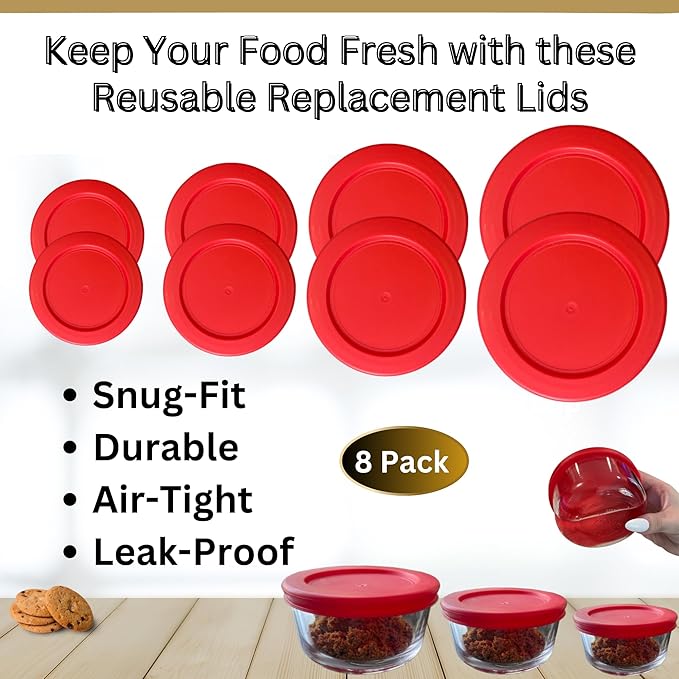 1, 2, 4 & 7 Cup Red Replacement Lids/Covers for Pyrex, Anchor Hocking & KlareWare Storage Bowls *Lids Only Glass Container Not Included* (8 Pack *Two of Each Size*)