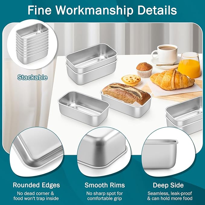 TeamFar Mini Loaf Pan, 8 PCS Stainless Steel Loaf Pans for Baking Bread, 6.3 x 3.5 Inch Bread Baking Pan for Homemade Bread, Meatloaf, Cake and Brownies, Non-Toxic, Oven & Dishwasher Safe