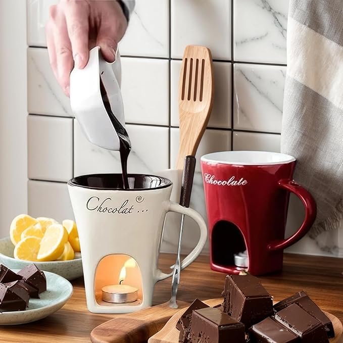 Chocolate Melting Fondue Mugs Set With Forks,Sweet Fondue Cup,Chocolate Fondue Mugs with Forks,Chocolate Melting Mug,Ceramic Cheese Mug,Birthday,Wedding Gifts (Brown)