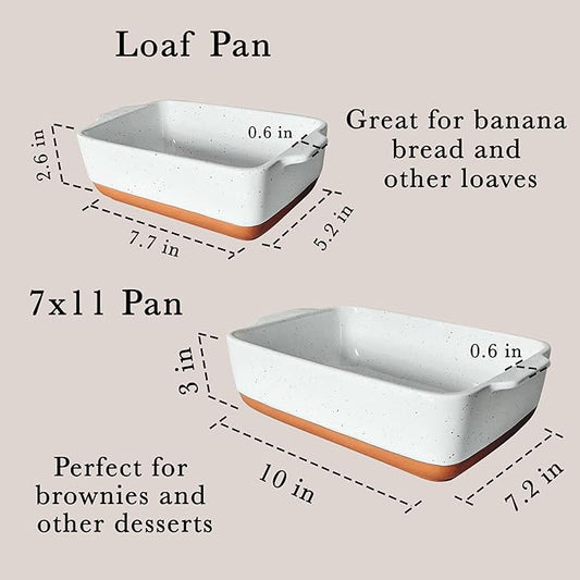 Mora 7x11in & Loaf Baking Dishes - Porcelain Casserole & Bakeware, Oven-to-Table, Freezer Safe - Set of 2, White