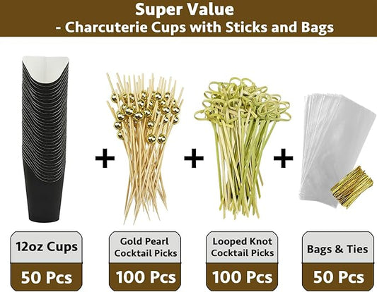 CAMKYDE 50 Sets Disposable Charcuterie Cups with Sticks and Bags, 12 oz Black Paper Snack Appetizers Cup French Fry Holder with Cocktail Picks Toothpicks (50 Cups+50 Bags+200 Sticks)