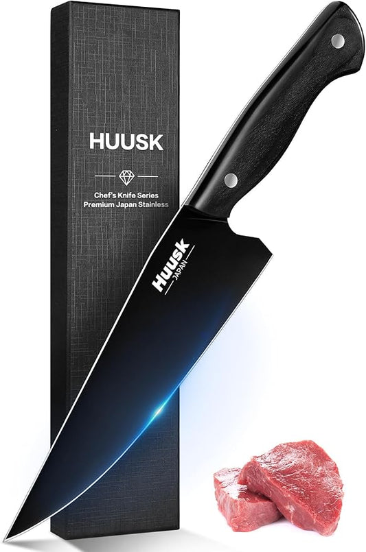 Huusk Japanese Chef Knife for Kitchen - 8in Stainless Kitchen Knife with Black Titanium Coating, All Purpose Cooking Knives for Vegetable & Meat Cutting, Ultra Sharp Gyuto Knives, Fathers' Day Gifts