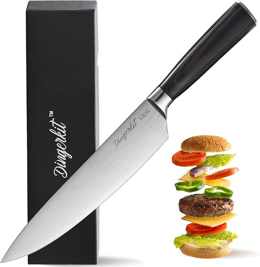 Chef Knife, Chefs Knife for Meat Cleaver Carving Chopping Cutting Made of Damascus Pattern High Carbon Stainless Steel with Pakkawood Handle, Professional 8 Inch Kitchen Knives.