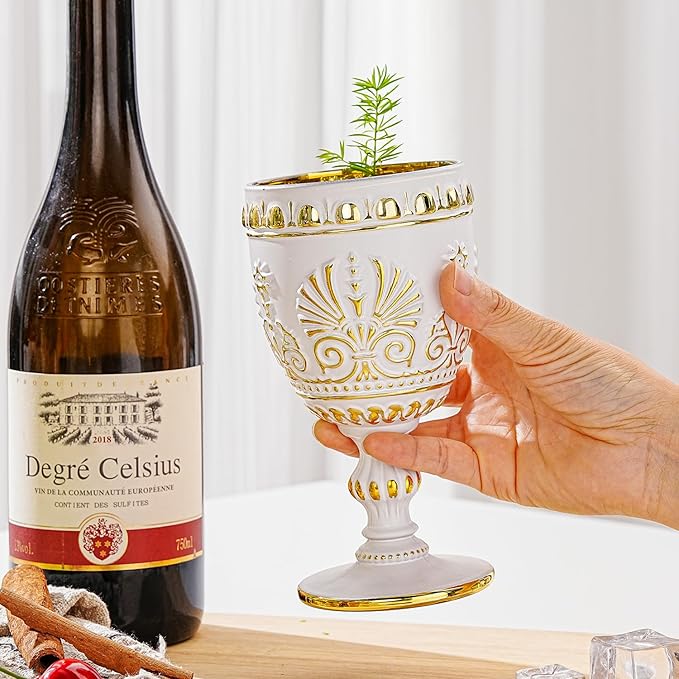 Sungmor Vintage White and Gold Wine Goblets - Set of 2 Embossed Glasses, 10 oz Decorative Drinking Glassware for Wine, Water or Cocktails - Baroque Stemware for Entertaining or Gifting