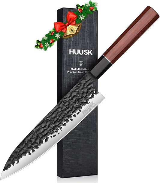 Huusk Japanese Gyuto Chef Knife - 8" Hand Forged Knives, 3 Layers 9CR18MOV High Carbon Kitchen Knife, Professional Sharp Cooking Knives with Ergonomic Handle for Meat, Vegetables, Fish