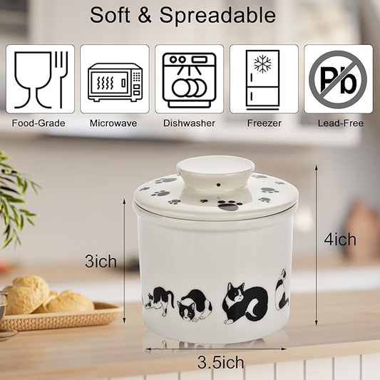 Cat Butter Crock - French Style Ceramic Butter Keeper and Butter Dish with Lid, Black and White Kitten Butter Holder for Countertop Storage, Airtight Container for Soft, Spreadable Butter