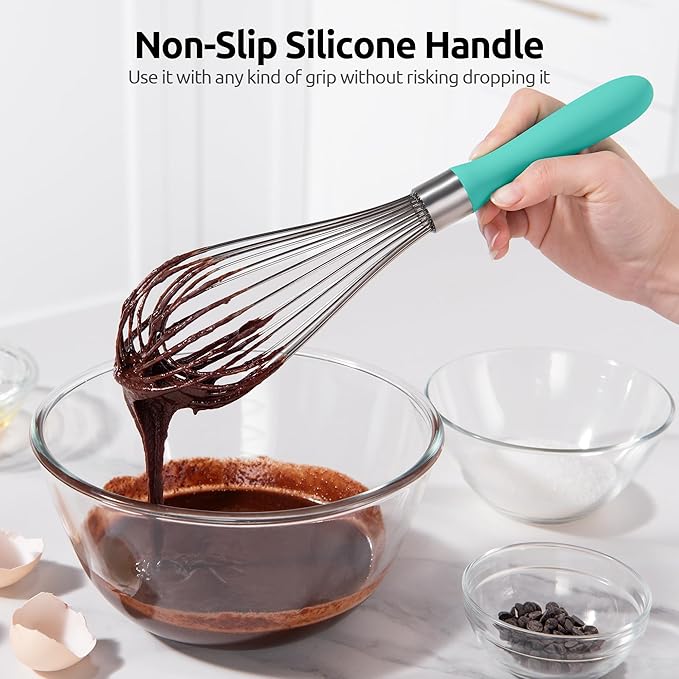 U-Taste Balloon Whisk for Cooking: 18/10 Stainless Steel Kitchen Wire Whisk, 12in Large Heavy Duty Egg Beater, Manual Mixing Tool with 12 High Flex Wires for Stirring, Blending Sauce (Aqua Sky)