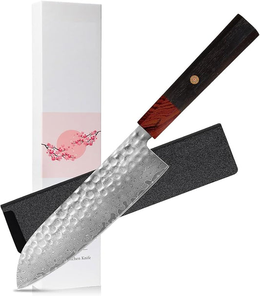 Professional 7 inch Japanese Santoku Chef Knife,67 Layers Damascus VG-10 Super Steel Cutting Core - Ultra Sharp Hammered Kitchen Knife