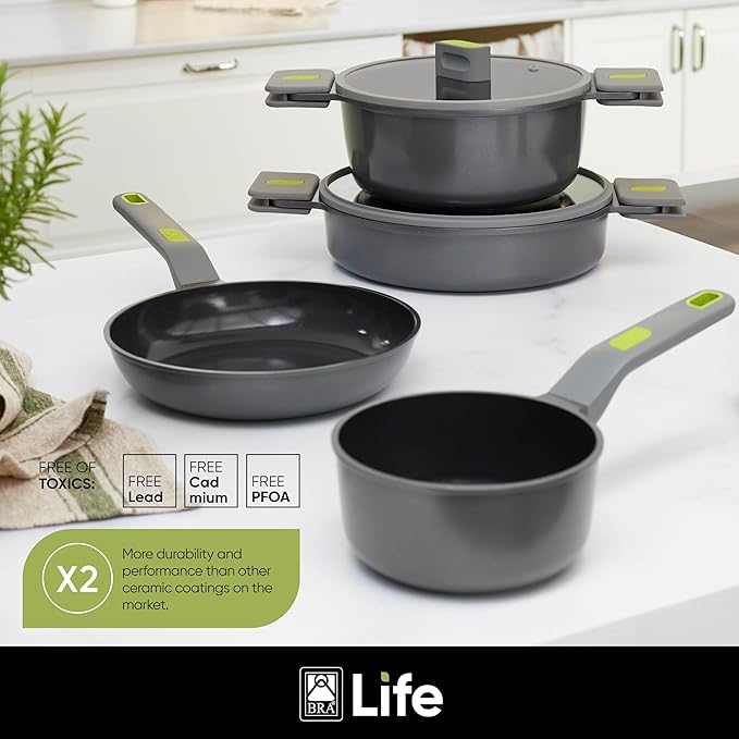 BRA COOKWARE Life Low Casserole w/Glass Lid | 11 inches - 2.9 quarts Recycled Cast Aluminum Casserole | Ceramic Non-Stick | All Heat Sources Compatible | PFOA Free Shallow Pot | Removable Handles