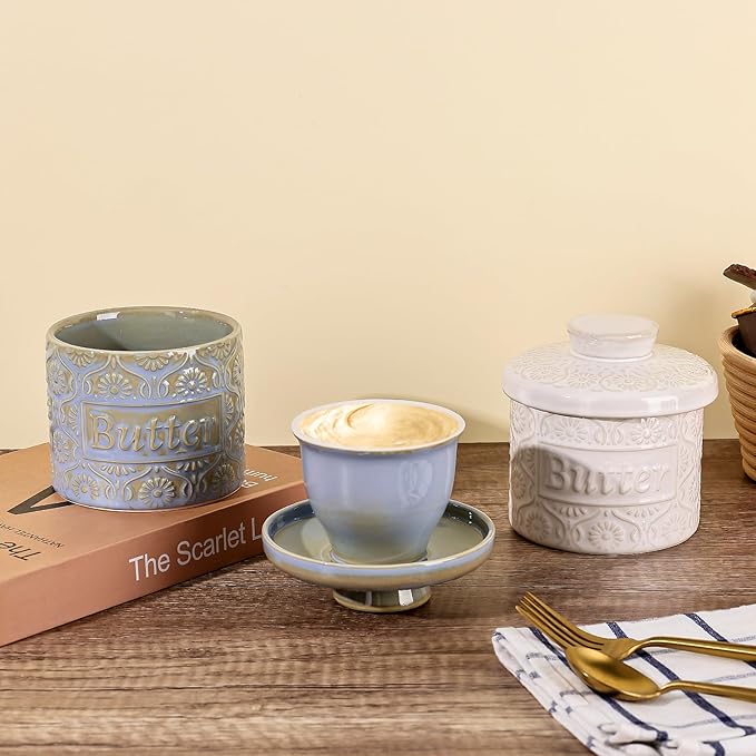 Butter Crock with Water Line, Ceramic Butter Keeper for Counter, French Butter Dish with Lid for Spreadable Fresh Butter (Pale Blue)