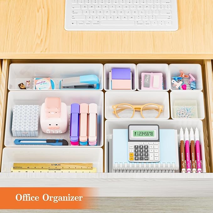 25 PCS Plastic Drawer Organizer Set, 4-Size Versatile Organizer Trays & storage Bins for Makeup, Jewelry, and Gadgets in Bathroom, Bedroom and Office, White