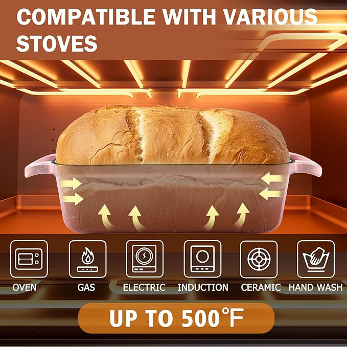 9 x 5 Inch Bread Pan Enameled Cast Iron Loaf Pan with Lid for Baking, 2 in 1 Non-stick Sourdough Bread Loaf Pan for Homemade Bread, Oven & Stovetop Safe for Gas, Electric & Induction, Pink