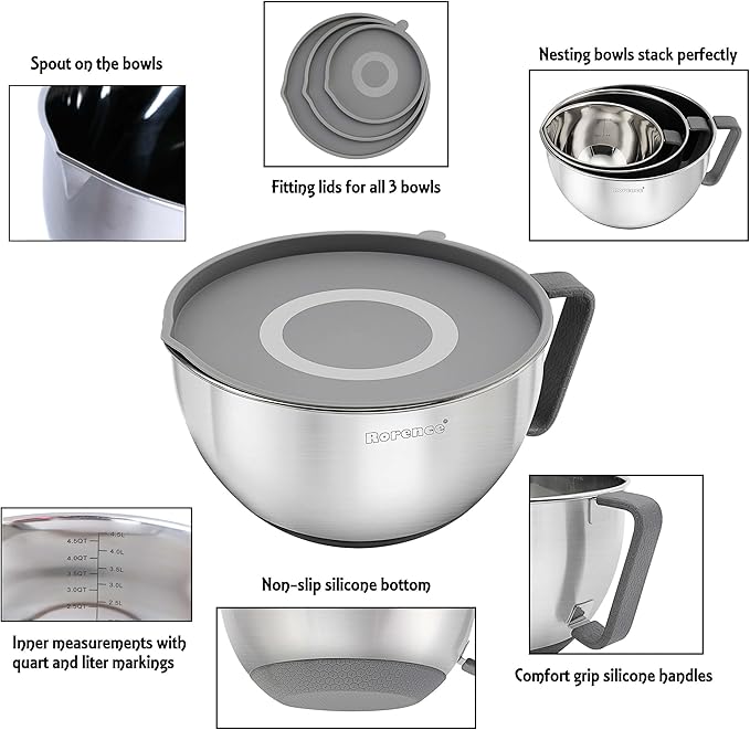 Rorence Mixing Bowls Set: Stainless Steel Non-Slip Bowls with Pour Spout, Handle and Lid - Set of 3 - Gray