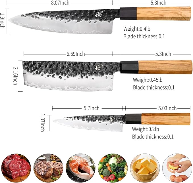 3 Pieces Kitchen Knife Set, Chef Knife, Usuba Knife, Paring knife, High Carbon Stainless Steel With Professional Hand Forged (Olivewood Handle & Gift Box)