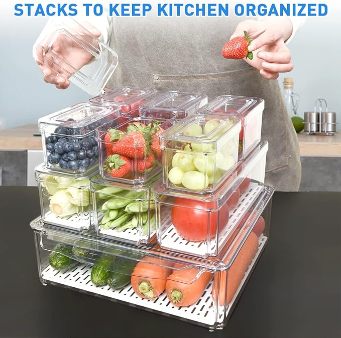 Pomeat 10 Pack Fridge Organizer, Stackable Refrigerator Bins with Lids, BPA-Free Produce Fruit Storage Containers for Fridge, Clear for Food, Drinks, Vegetable