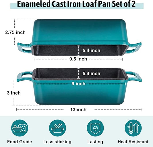 P&P CHEF 2 In 1 Enameled Cast Iron Loaf Pan with Lid, 9 x 5 Inch Bread Loaf Pans for Baking Homemade Sourdough Bread, Meatloaf, Toast, Cake, Nonstick & Healthy & Sturdy, 2 Piece Set - Dark Green