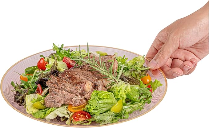 Restaurantware Plastic Plates 20 Pcs 10" Gold Rimmed Disposable Plates Heavy-Duty Pink Translucent Rippled Plastic Dinner Servers for Party, Weddings, Salads, Desserts, and Appetizers