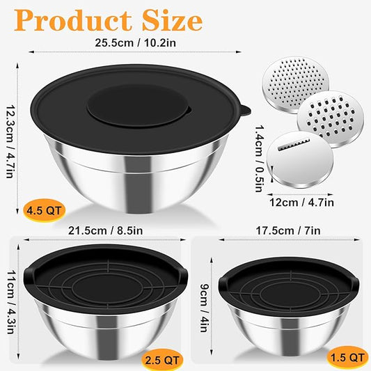 Mixing Bowls with Lids Set of 3,Stainless Steel Mixing Bowls with 3 Grater Attachments,Metal Nesting Salad Bowl for Cooking,Prepping, Serving Food,Stackable Design,Size 4.5/2.5/1.5 QT (Black)