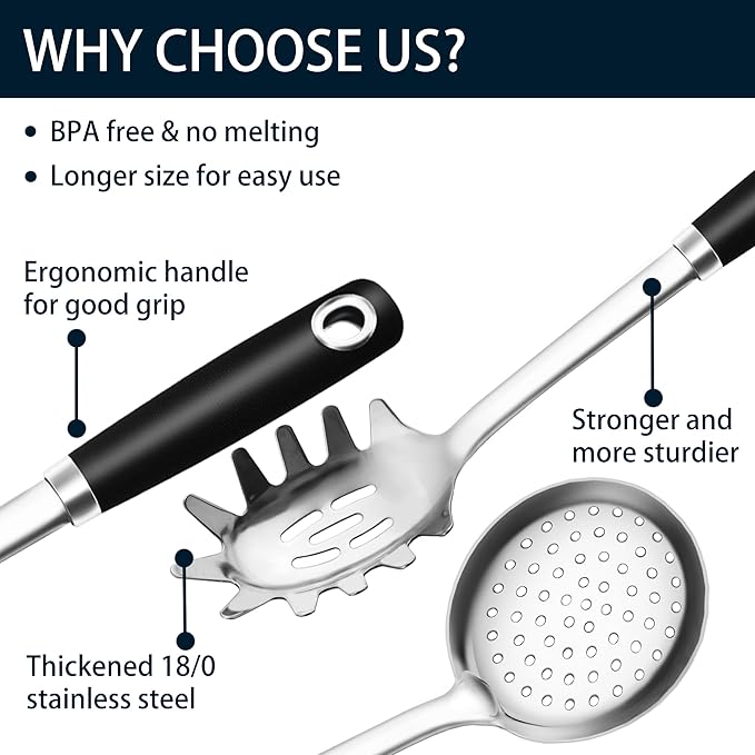 18/0 Stainless Steel Spaghetti Spoon & Slotted Spoon for Cooking, Heavy Duty Frying Spoon Pasta Strainer Skimmer, Cooking Utensils Commercial and Residential Use, Pack of 2