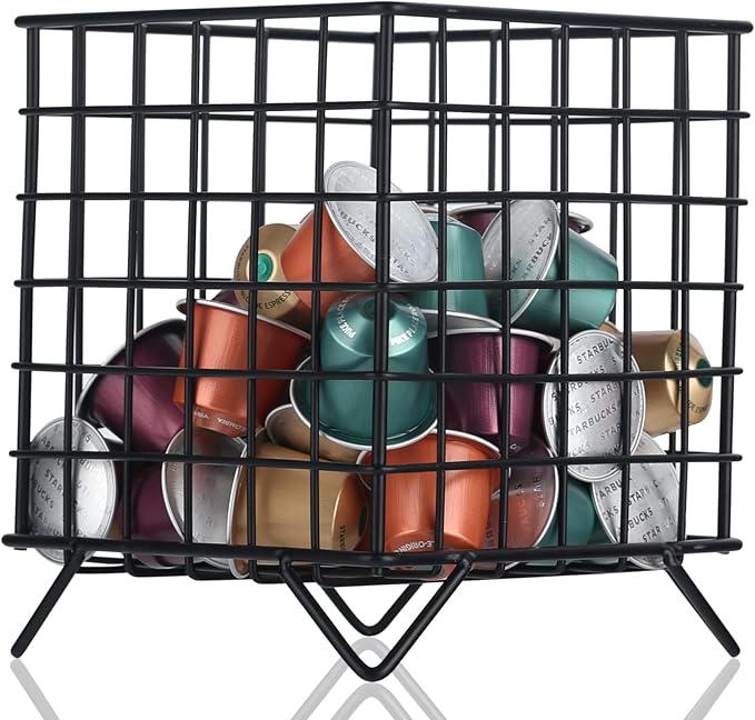 Black Wire Coffee Pod Holder Basket,Large Capacity Metal K Cup Holder Organizer,Storage Basket for Kitchen Countertop Office Coffee Bar Accessories,Creamer and Syrup Organizer