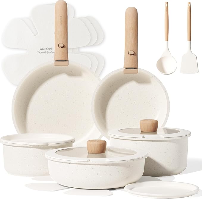 CAROTE 17pcs Pots and Pans Non Stick, Cookware Sets Detachable Handle, Induction Kitchen Pots and Pans,NonStick Cooking Set, Oven/Dishwasher/Fridge Safe, Space Saving